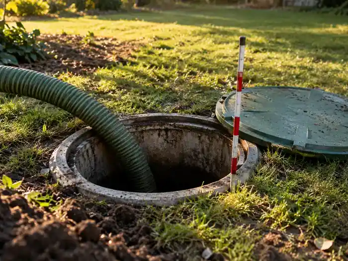 An open septic tank lid with the pump hose in it and a sludge measuring stick beside it, no people