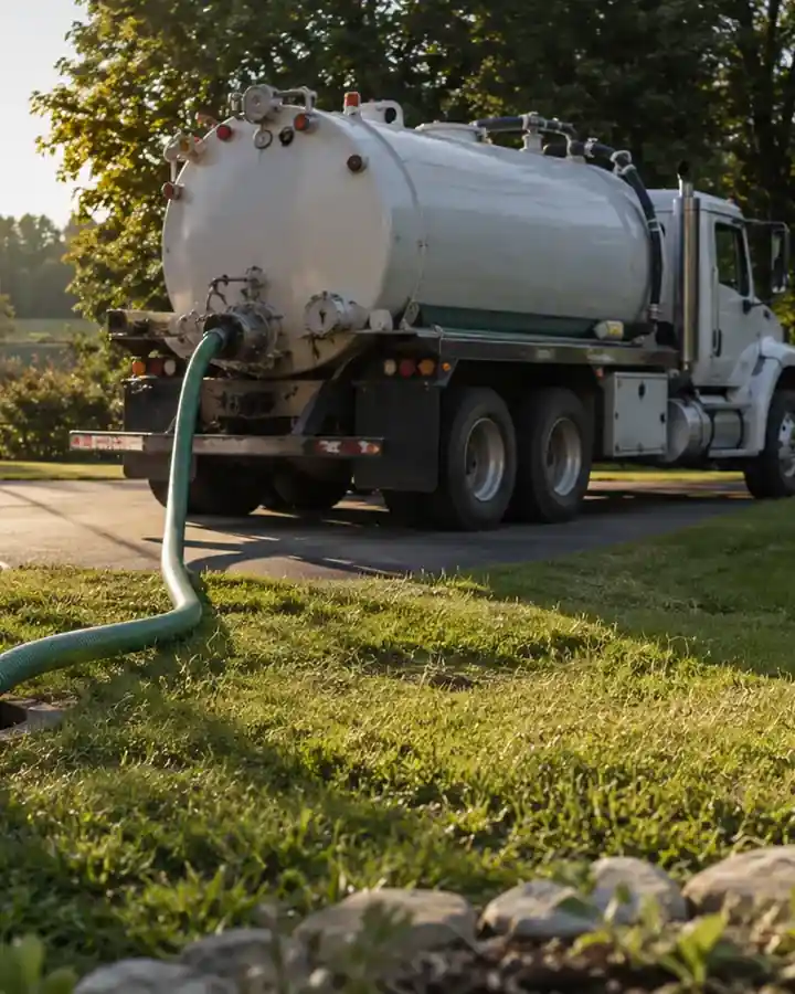 A septic pump truck parked beside an open tank lid in a yard