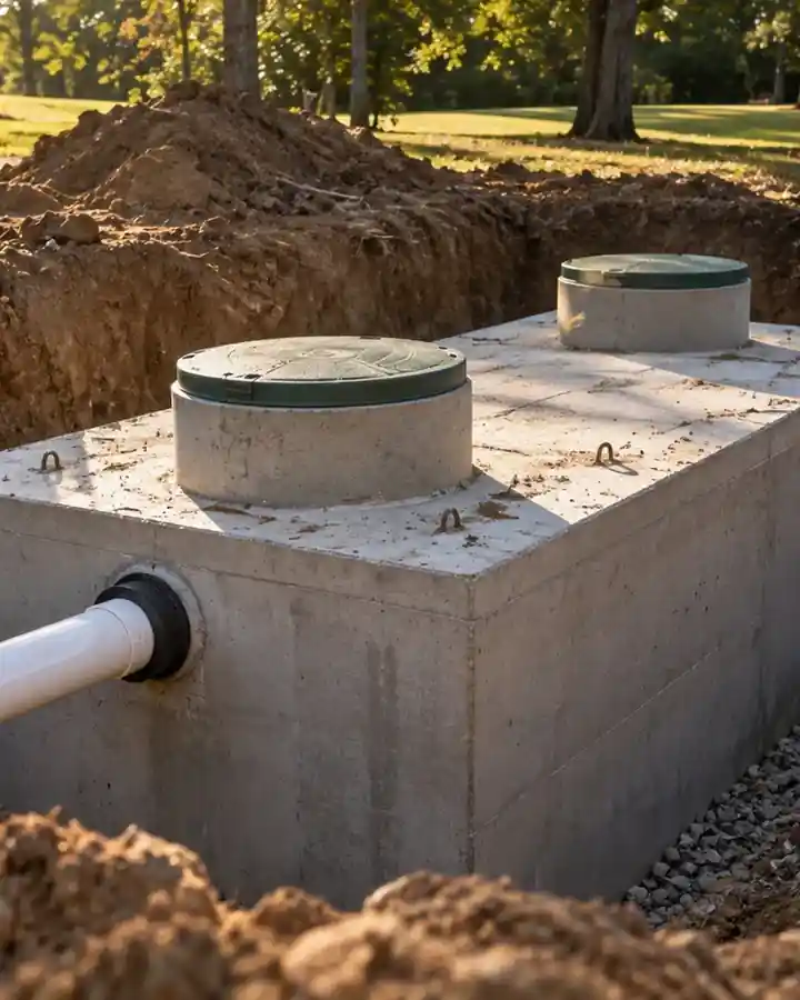 A new septic tank set in an open excavation